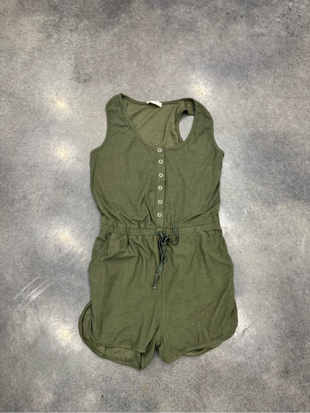 Girls Olive Green Sleeveless Drawstring One-Piece Romper